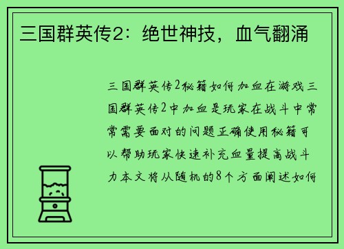 三国群英传2：绝世神技，血气翻涌